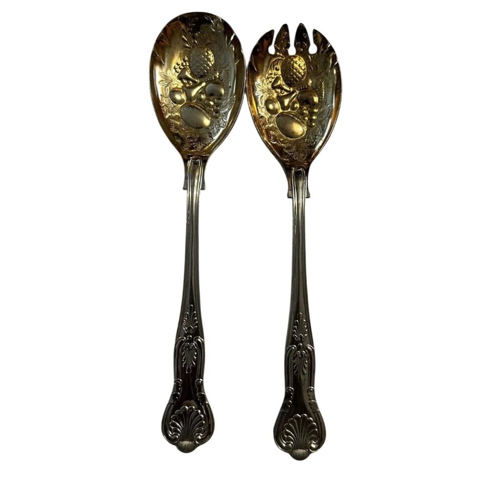 2 Kings Silverplate Leonard Silver Mfg Co SOLID SALAD SET England Gold Silver